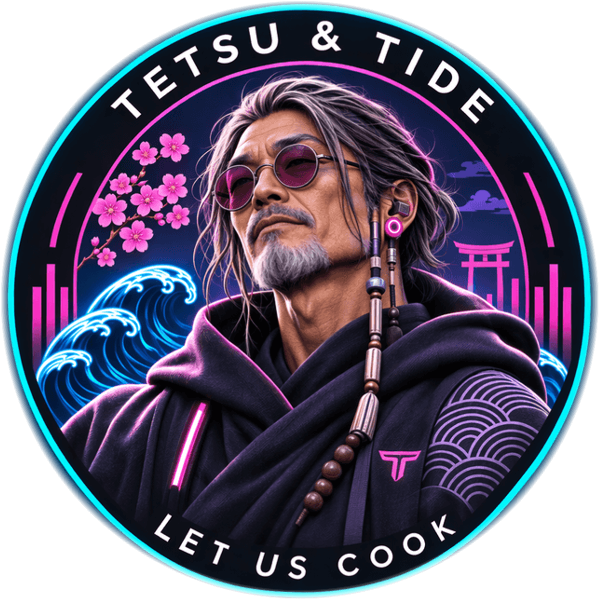 Tetsu & Tide sensei badge: a silver-haired sensei in pink sunglasses and a dark hood, with cherry blossoms, a great wave and a torii gate, ringed with the words Tetsu & Tide